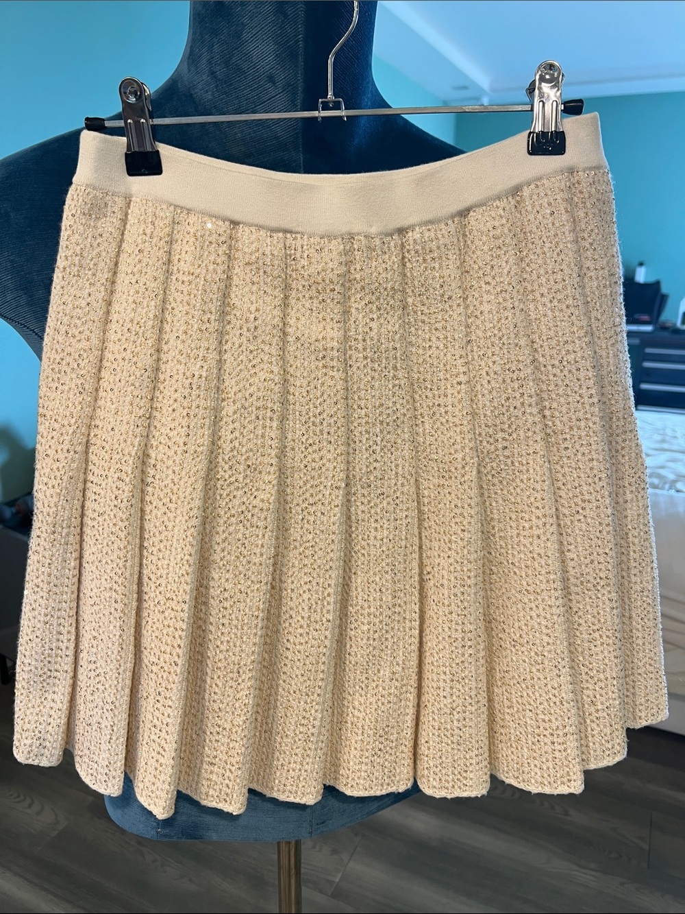 Sandro Cream Textured Pleated Skater Skirt